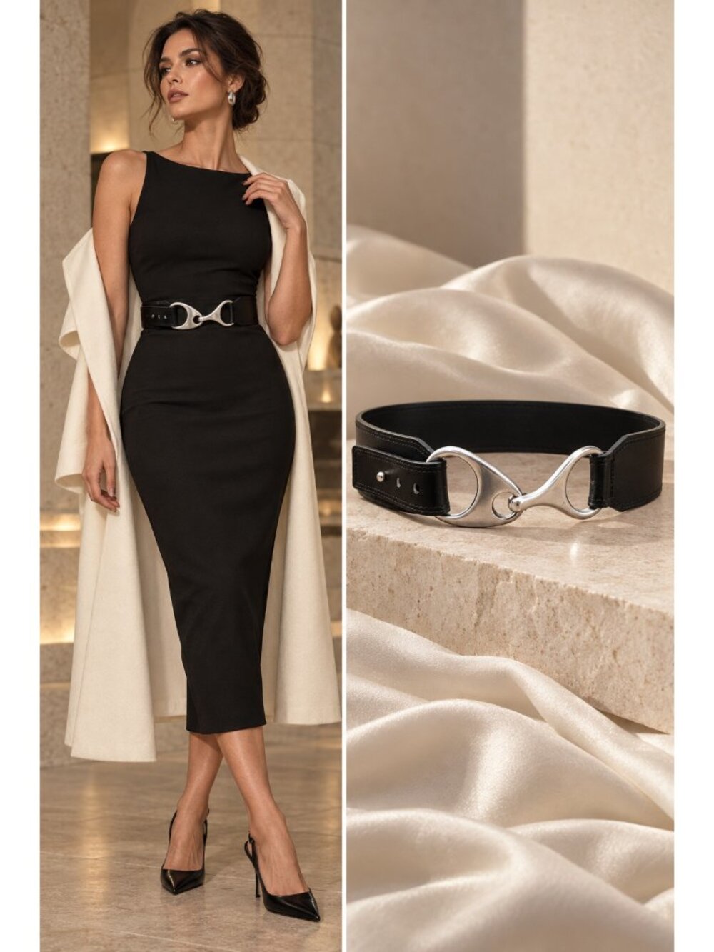 Nine West Black Genuine Leather Wide Belt XL Silver Statement Buckle Y2K